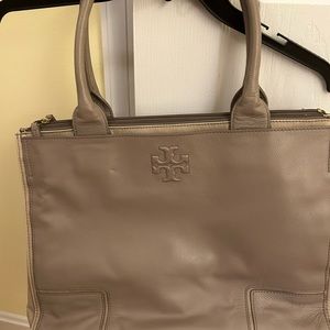 Tory Burch Ella Leather/ Canvas Tote Bag in Dove Gray